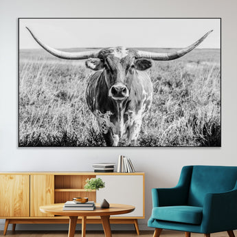 77320-SEG-FC-51X34_Oversize-Texas Longhorn Wall Art – Black and White Western Cattle Canvas Print, Rustic Farmhouse Animal Photography Decor for Living Room,