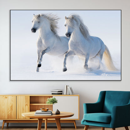 80145-SEG-FC-51X34_Oversize-White Horses Running Snow Wall Art – Majestic Equine Canvas Print, Winter Nature Photography Decor for Living Room, Office,