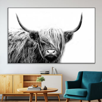 51957-SEG-FC-51X34_Oversize-Highland Cow Wall Art – Black and White Scottish Highland Bull Canvas Print, Rustic Farmhouse Animal Decor for Living Room,