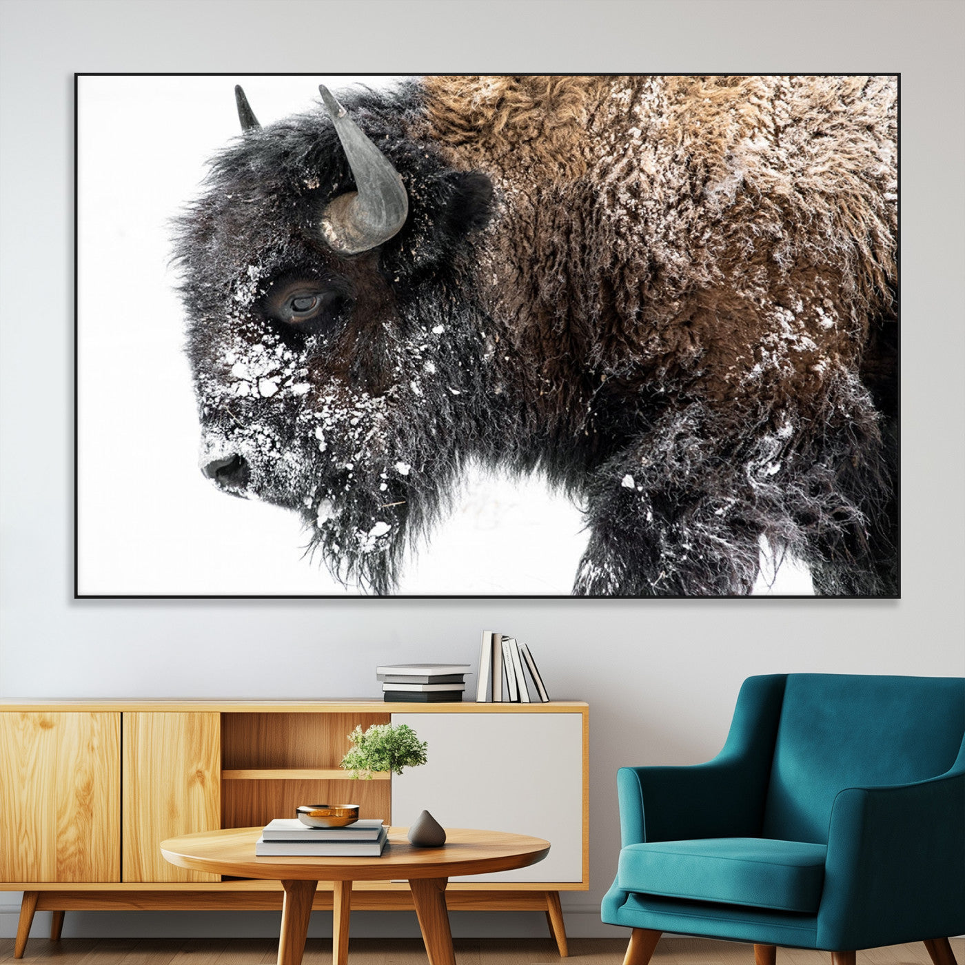 24304-SEG-FC-51X34_Oversize-Bison Wall Art Canvas Print, Framed Winter Bison Art Picture Print, Snowy Buffalo Perfect Rustic Farmhouse Decor Artwork