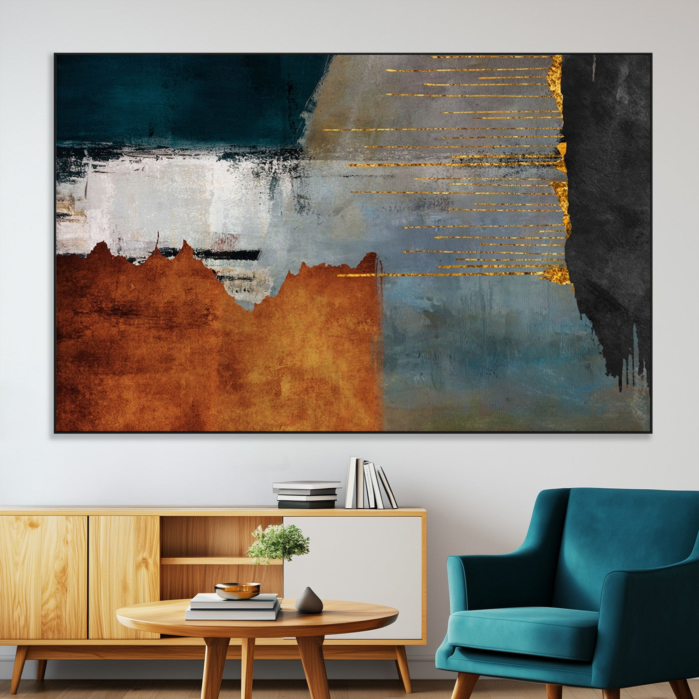 35026-SEG-FC-51X34_Oversize-Abstract Canvas Wall Art – Modern Teal, Rust, Black and Gold Textured Painting, Contemporary Decor for Living Room, Bedroom
