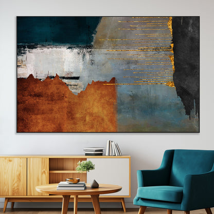 35026-SEG-FC-51X34_Oversize-Abstract Canvas Wall Art – Modern Teal, Rust, Black and Gold Textured Painting, Contemporary Decor for Living Room, Bedroom