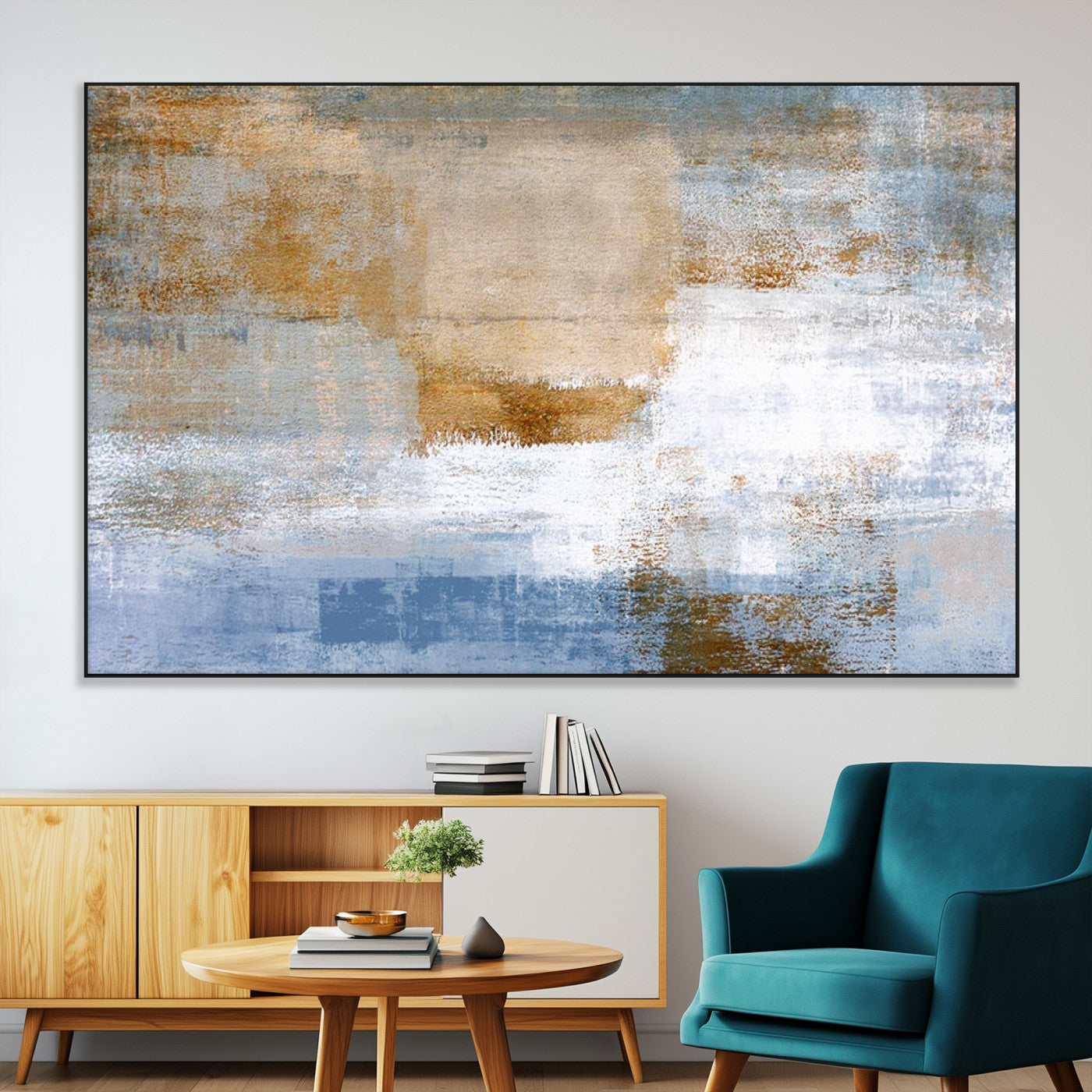 72354-MGV-CV-36X24-Blue and Gold Abstract Wall Art – Modern Minimalist Canvas Print, Textured Contemporary Painting for Living Room, Bedroom, or