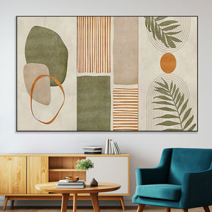 96002-MGV-CV-36X24-Abstract Geometric Wall Art – Modern Canvas Print with Green, Orange & Beige Shapes, Minimalist Home Decor for Living Room, Office