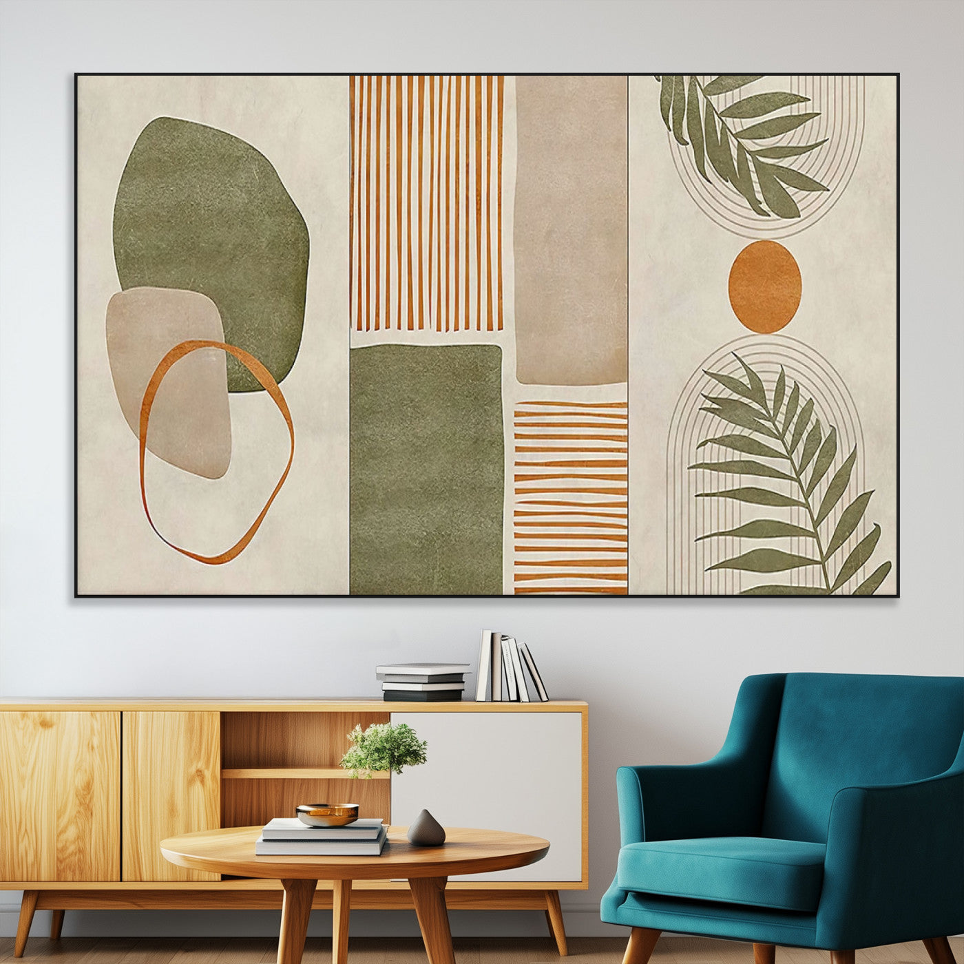 96002-MGV-CV-36X24-Abstract Geometric Wall Art – Modern Canvas Print with Green, Orange & Beige Shapes, Minimalist Home Decor for Living Room, Office