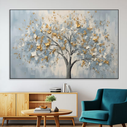 65811-SEG-FC-51X34_Oversize-Abstract Tree Wall Art – Textured Canvas Painting with Gold and White Leaves, Modern Nature Inspired Decor for Living Room or