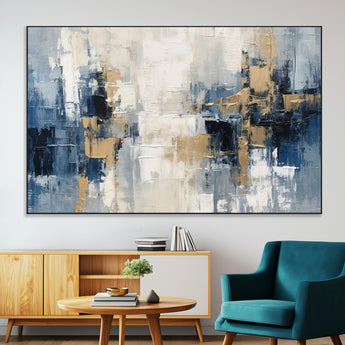 44344-MGV-CV-36X24-Abstract Blue and Gold Wall Art – Modern Hand Painted Canvas Print, Contemporary Textured Painting for Living Room, Bedroom or
