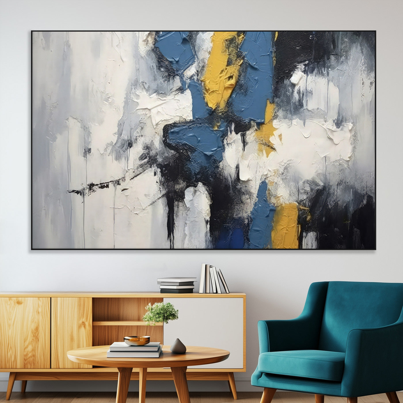 63850-MGV-CV-36X24-Abstract Blue and Yellow Wall Art – Modern Textured Canvas Painting, Bold Contemporary Artwork for Living Room, Bedroom or Office