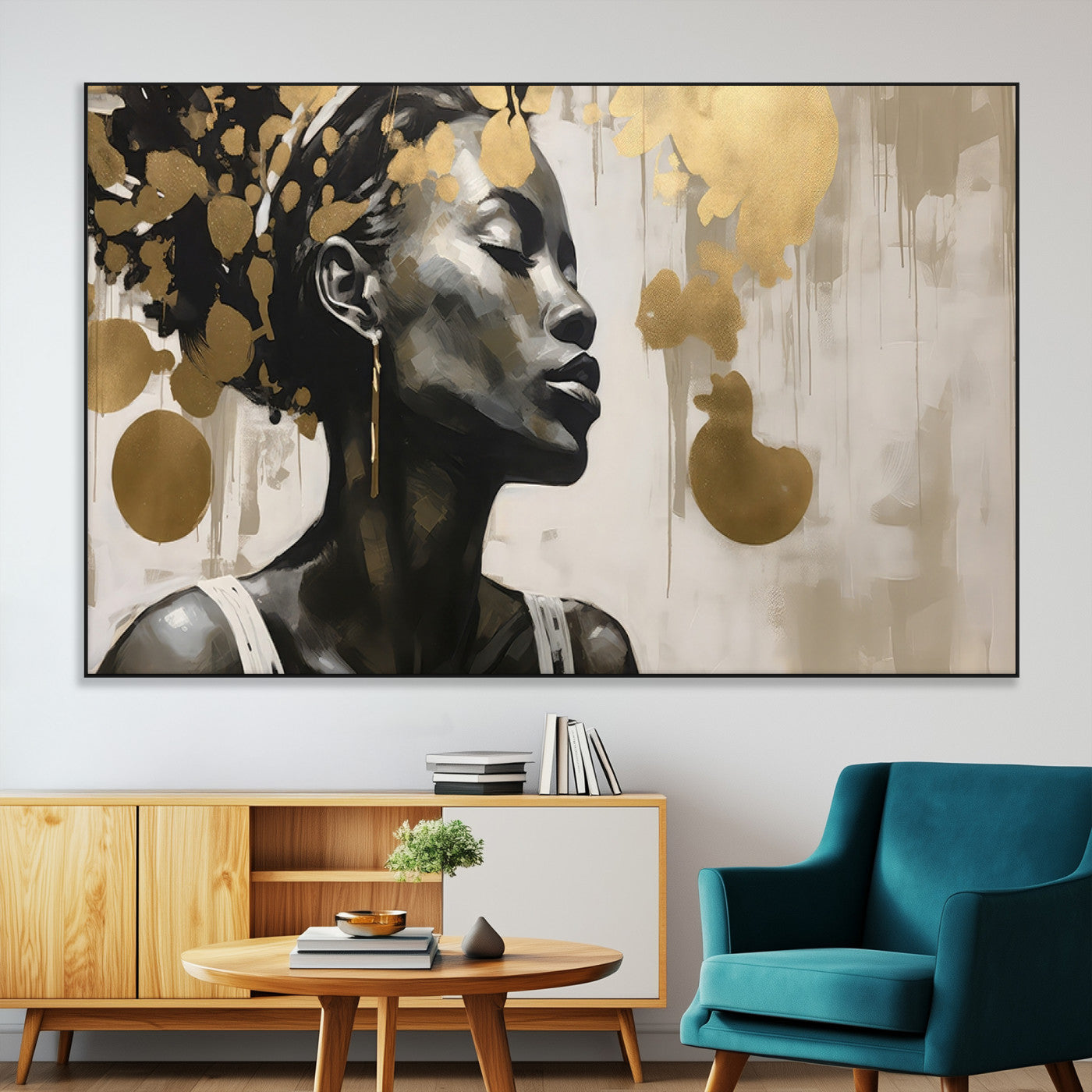 65669-MGV-CV-36X24-Elegant Black Woman Wall Art – Modern Abstract Portrait Canvas with Gold Accents, Contemporary Afrocentric Decor for Living Room