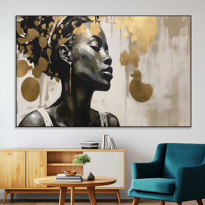 65669-MGV-CV-36X24-Elegant Black Woman Wall Art – Modern Abstract Portrait Canvas with Gold Accents, Contemporary Afrocentric Decor for Living Room