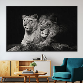 80013-MGV-CV-36X24-Lion and Lioness Wall Art – Black and White Wildlife Photography Canvas Print, African Safari Animal Decor for Office, Bedroom, or