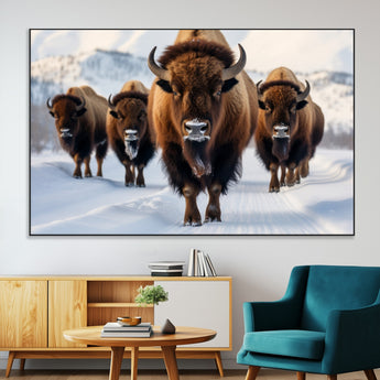 56701-MGV-CV-36X24-Bison Herd Wall Art – Buffalo Walking in Snowy Mountains Canvas Print, Rustic Wildlife Decor for Cabin, Lodge, or Living Room