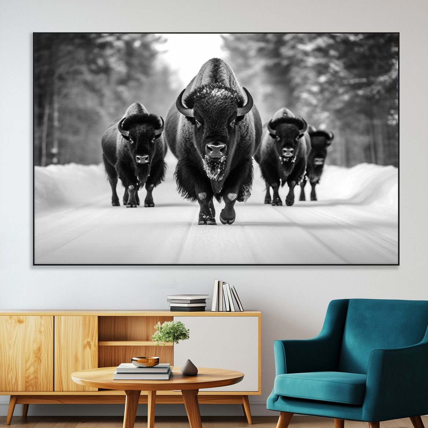 45287-MGV-CV-36X24-Bison Herd Wall Art – Black and White Buffalo Snow Road Canvas Print, Rustic Wildlife Decor for Cabin, Lodge or Living Room