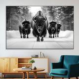 45287-MGV-CV-36X24-Bison Herd Wall Art – Black and White Buffalo Snow Road Canvas Print, Rustic Wildlife Decor for Cabin, Lodge or Living Room