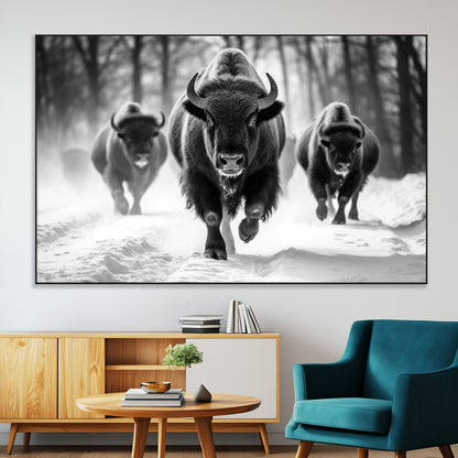 97552-SEG-FC-51X34_Oversize-Black and White Bison Wall Art – Buffalo Herd Running in Snow Canvas Print, Rustic Wildlife Photography Decor for Cabin, Lodge, or