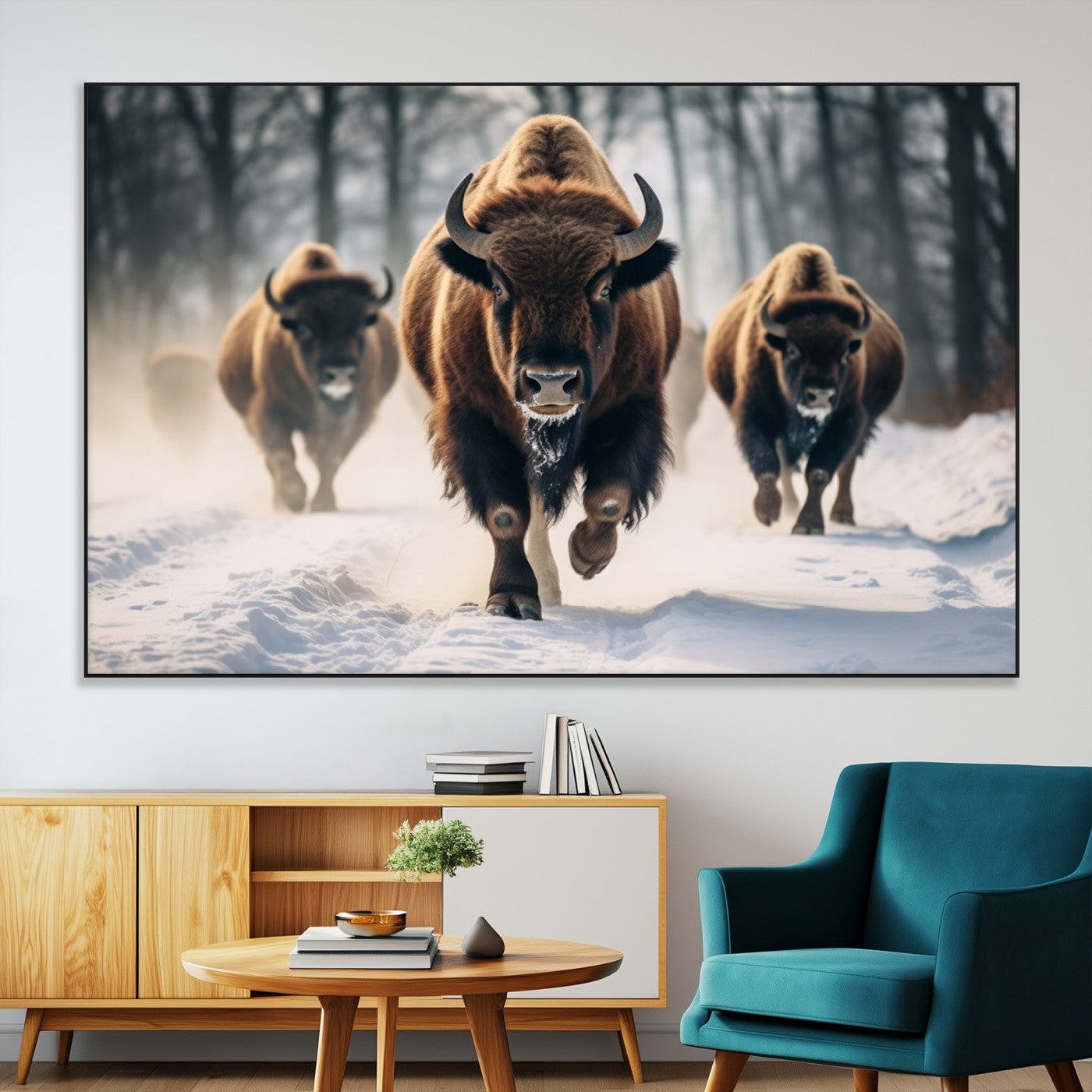 56549-SEG-FC-51X34_Oversize-Wild Bison Wall Art – Majestic Buffalo Herd Running in Snow Canvas Print, Rustic Wildlife Photography Decor for Cabin, Lodge, or