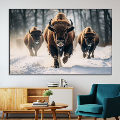 56549-MGV-CV-36X24-Wild Bison Wall Art – Majestic Buffalo Herd Running in Snow Canvas Print, Rustic Wildlife Photography Decor for Cabin, Lodge, or