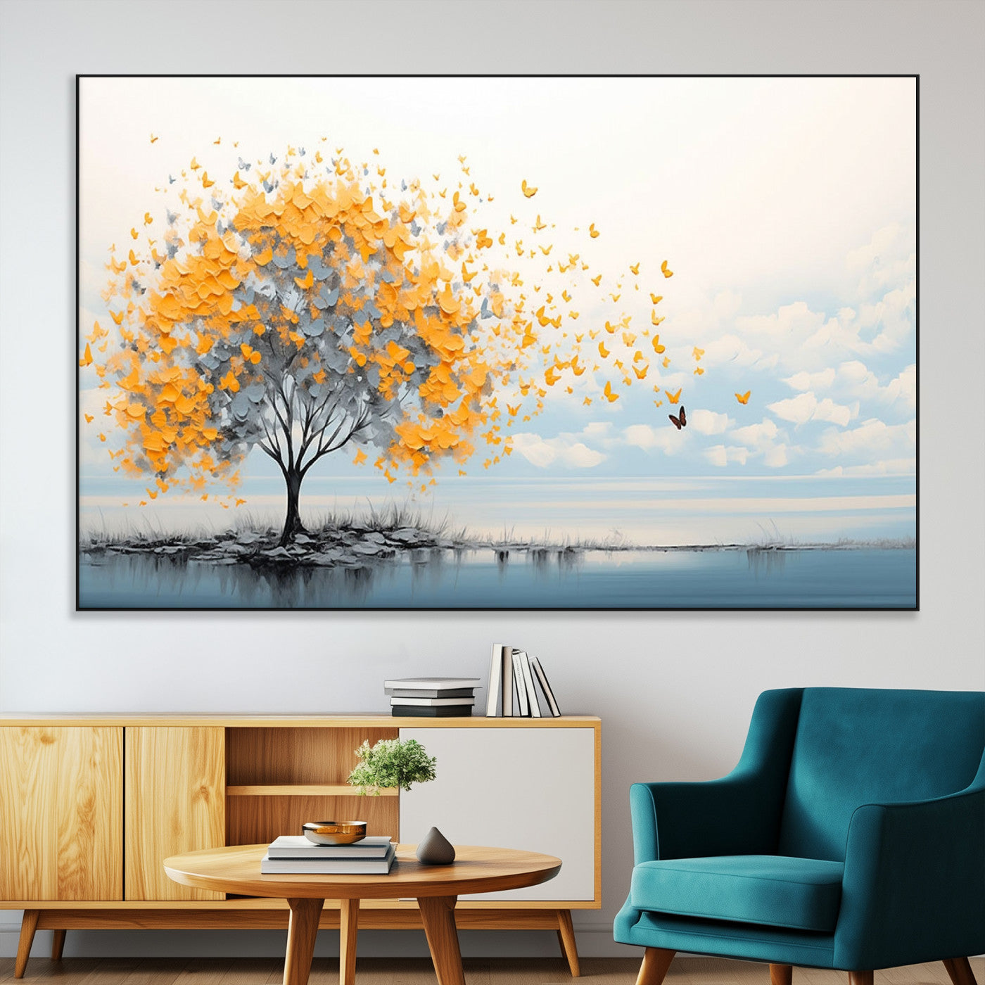 23385-MGV-CV-36X24-Golden Butterfly Tree Wall Art – Abstract Yellow and Gray Canvas Print, Modern Nature Artwork for Living Room, Bedroom or Office