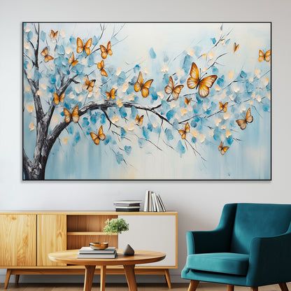 59455-MGV-CV-36X24-Butterfly Tree Branch Wall Art – Blue and Yellow Abstract Canvas Print, Modern Nature Artwork for Living Room, Bedroom or Office