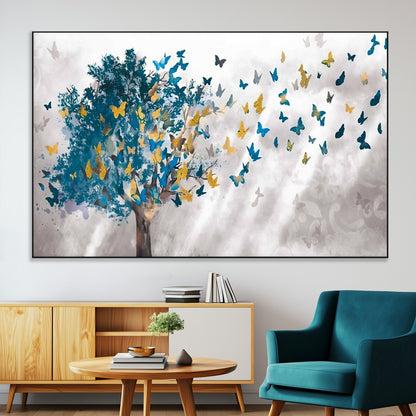 37564-MGV-CV-36X24-Butterfly Tree Wall Art – Modern Nature Canvas Print with Blue and Golden Butterflies, Elegant Decorative Painting for Living Room