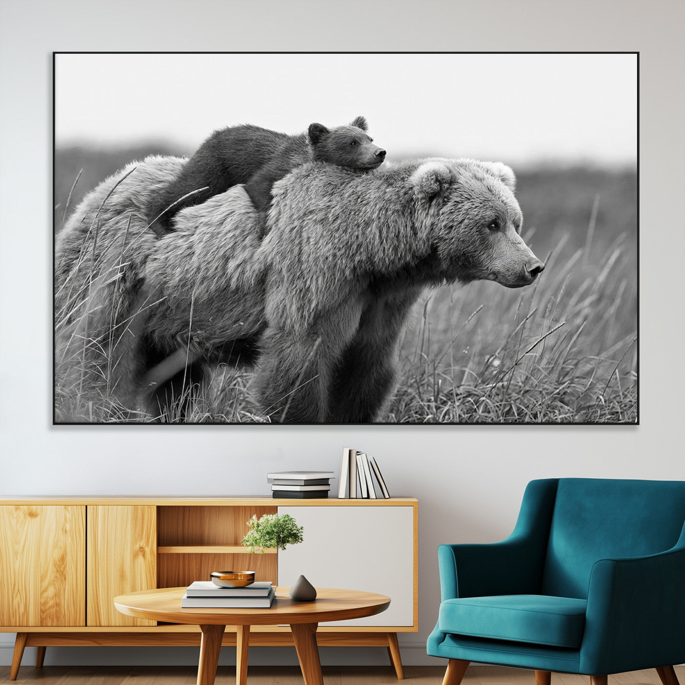 76338-MGV-CV-36X24-Mother Bear and Cub Wall Art – Black and White Wildlife Canvas Print, Rustic Nature Photography for Cabin, Living Room or Office