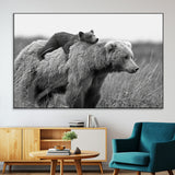 76338-MGV-CV-36X24-Mother Bear and Cub Wall Art – Black and White Wildlife Canvas Print, Rustic Nature Photography for Cabin, Living Room or Office