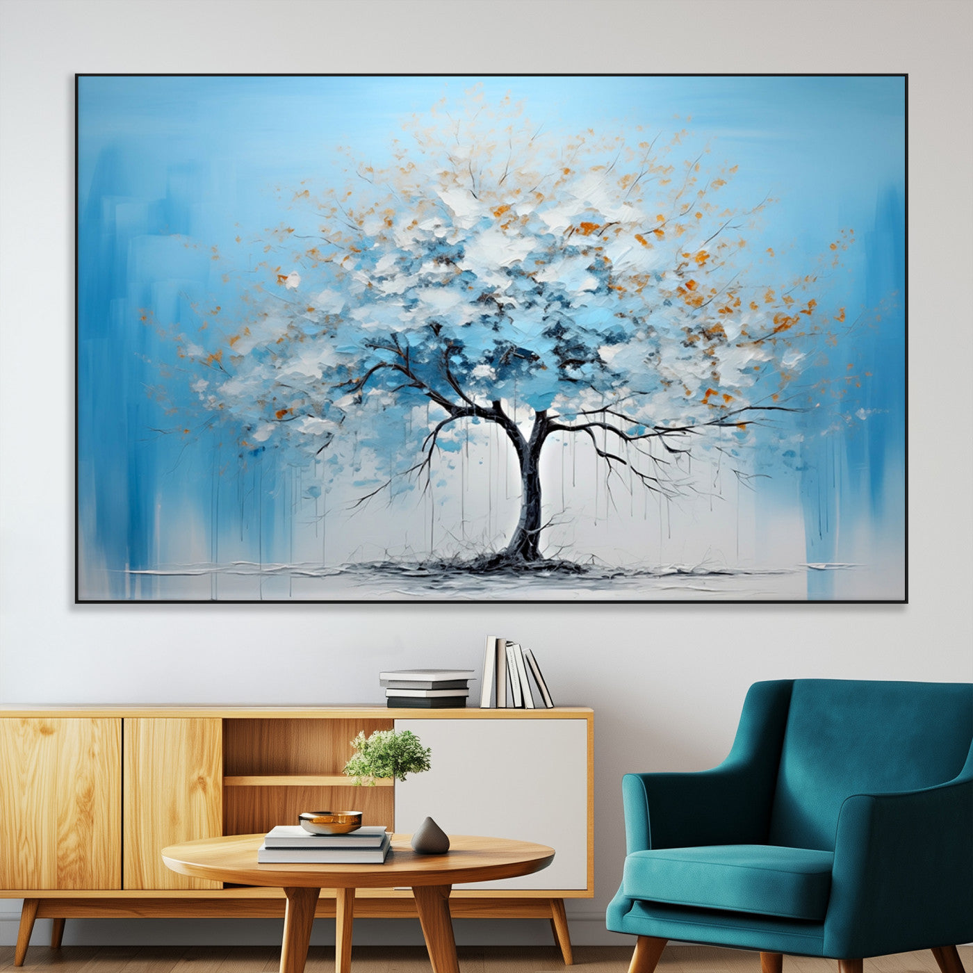 25021-MGV-CV-36X24-Abstract Tree Wall Art – Blue and White Canvas Painting with Gold Accents, Modern Nature-Inspired Artwork for Living Room, Bedroom