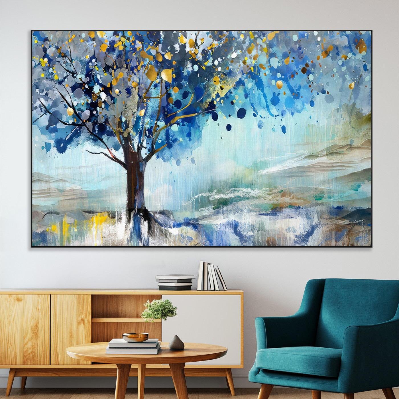 17018-MGV-CV-36X24-Abstract Blue Tree Wall Art – Colorful Canvas Painting with Gold and Silver Accents, Modern Nature Artwork for Living Room,