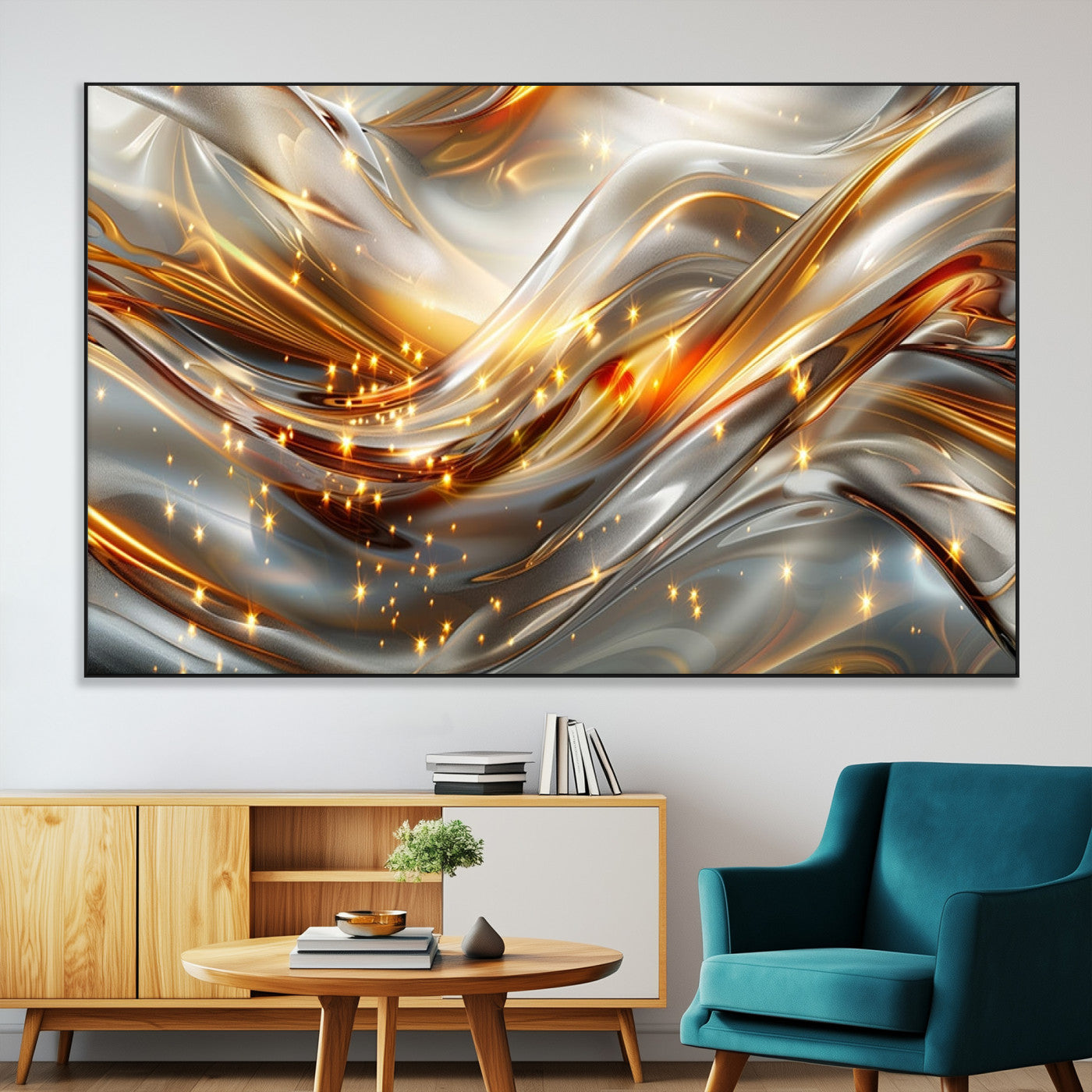 Lines1-MGV-CV-36X24-Abstract Metallic Wall Art – Silver and Gold Wave Canvas Print with Sparkling Accents, Modern Luxury Decor for Living Room, Office