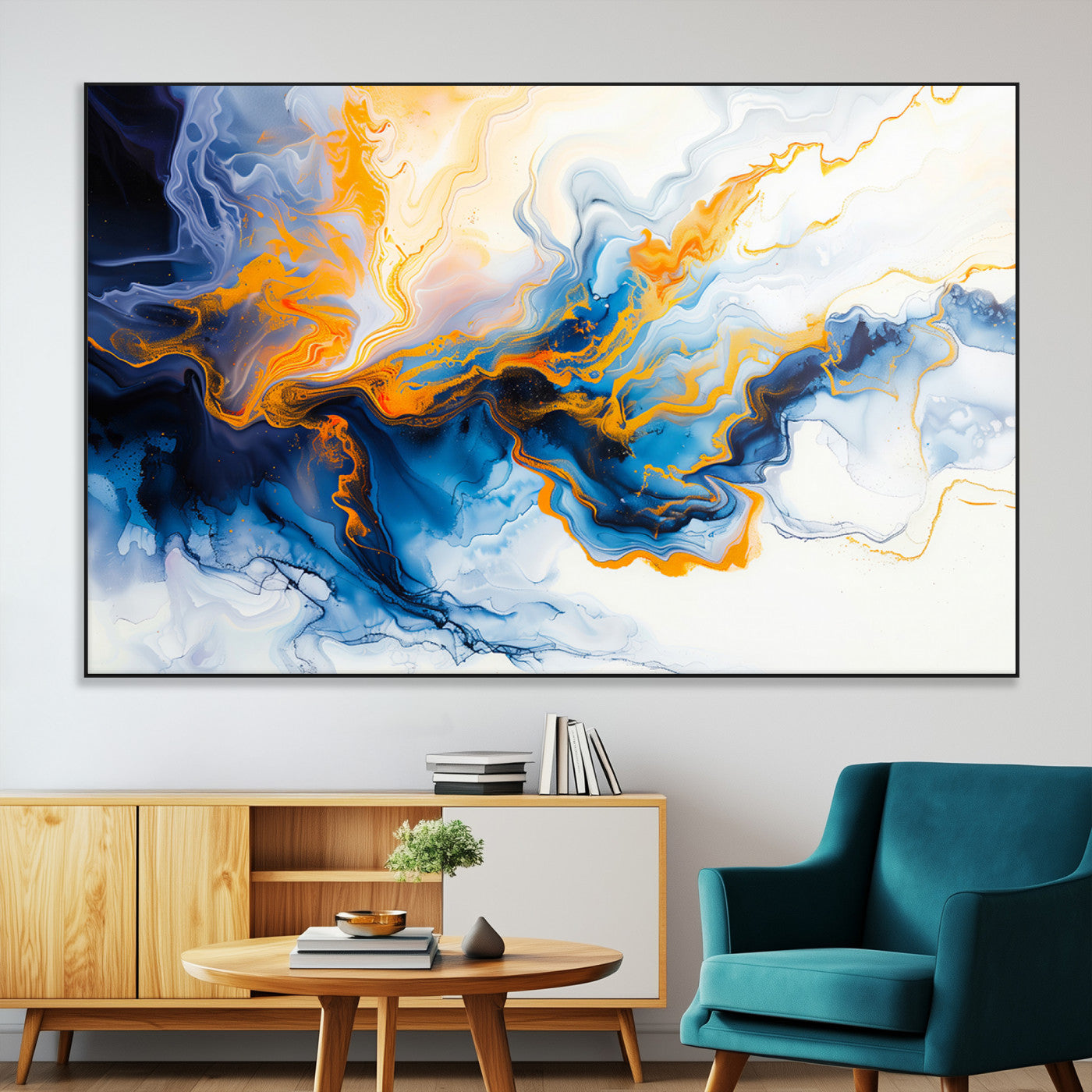 83720-MGV-CV-36X24-Abstract Fluid Wall Art – Blue, White and Gold Swirl Canvas Painting, Modern Contemporary Artwork for Living Room, Bedroom or