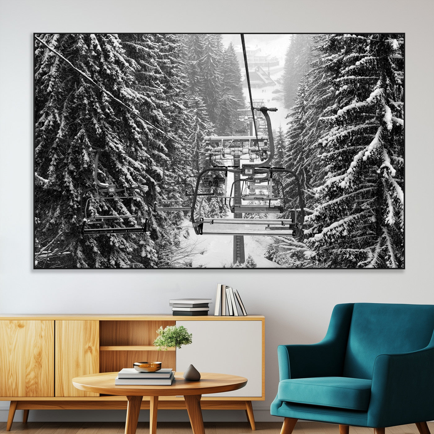 19240-MGV-CV-36X24-Ski Lift Wall Art – Black and White Winter Mountain Canvas Print, Snowy Forest Ski Resort Photography for Cabin, Lodge, Office or