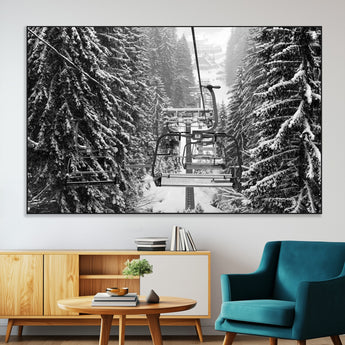 19240-MGV-CV-36X24-Ski Lift Wall Art – Black and White Winter Mountain Canvas Print, Snowy Forest Ski Resort Photography for Cabin, Lodge, Office or