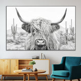 94579-MGV-CV-36X24-Highland Cow Wall Art – Black and White Longhorn Canvas Print, Rustic Western Farmhouse Animal Photography for Living Room,
