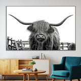 58188-MGV-CV-36X24-Highland Cow Wall Art – Black and White Rustic Farmhouse Canvas Print, Longhorn Cattle Photography Decor for Living Room or