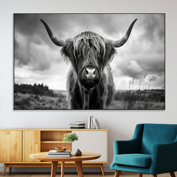 17924-MGV-CV-36X24-Highland Cow Wall Art – Black and White Rustic Longhorn Cattle Canvas Print, Farmhouse Animal Photography Decor for Country Home