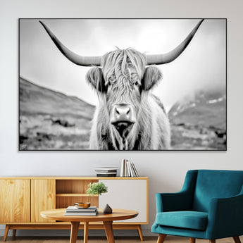 80564-MGV-CV-36X24-Highland Cow Wall Art – Black and White Scottish Highland Canvas Print, Rustic Farmhouse Decor for Living Room, Bedroom or Office