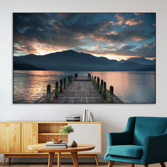 20442-MGV-CV-36X24-Lakeside Sunset Dock Wall Art – Peaceful Mountain Lake Canvas Print, Serene Nature Landscape Decor for Living Room, Bedroom or