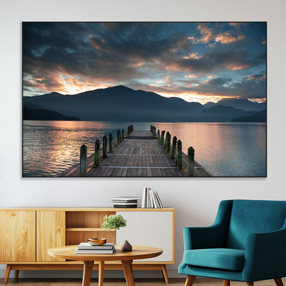 20442-MGV-CV-36X24-Lakeside Sunset Dock Wall Art – Peaceful Mountain Lake Canvas Print, Serene Nature Landscape Decor for Living Room, Bedroom or