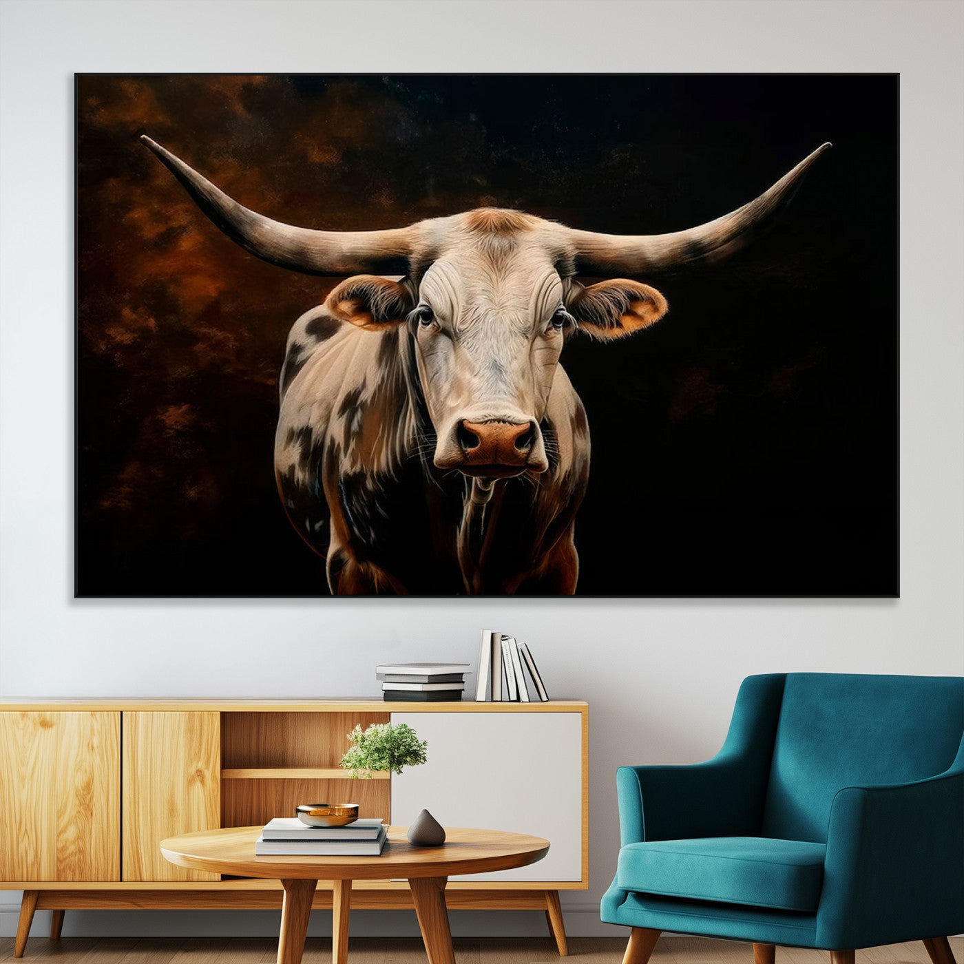 70522-MGV-CV-36X24-Longhorn Bull Wall Art – Striking Canvas Print of Majestic Bull, Premium Animal Decor for Home, Office, Man Cave, or Living Room