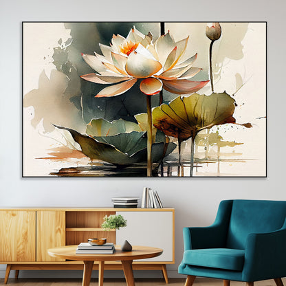 62531-MGV-CV-36X24-Lotus Flower Wall Art – Watercolor Botanical Canvas Print, Tranquil Nature Artwork for Living Room, Bedroom or Meditation Space