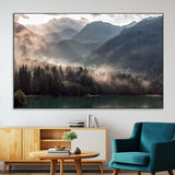 61116-MGV-CV-36X24-Misty Mountain Lake Wall Art – Tranquil Foggy Forest and Lake Canvas Print, Scenic Nature Landscape Decor for Living Room or