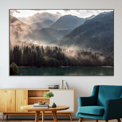 61116-MGV-CV-36X24-Misty Mountain Lake Wall Art – Tranquil Foggy Forest and Lake Canvas Print, Scenic Nature Landscape Decor for Living Room or