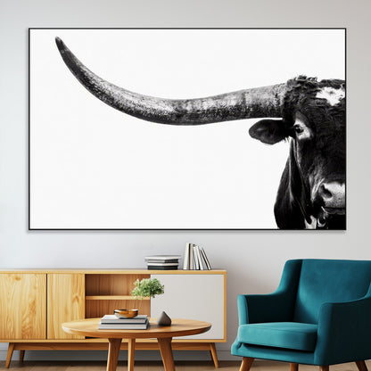 31699-MGV-CV-36X24-Longhorn Wall Art – Black and White Texas Longhorn Cow Canvas Print, Rustic Western Farmhouse Artwork for Living Room, Bedroom or