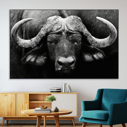 75273-MGV-CV-36X24-Buffalo Wall Art – Black and White African Buffalo Canvas Print, Rustic Wildlife Animal Artwork for Farmhouse, Living Room,