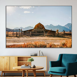 26513-MGV-CV-36X24-Rustic Barn Wall Art – Vintage Farmhouse Canvas Print with Mountain Landscape, Western Country Wall Decor for Living Room, Office
