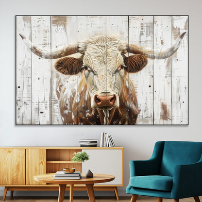 71551-MGV-CV-36X24-Longhorn Bull Wall Art – Rustic Western Cow Canvas Print, Farmhouse Animal Painting with Wood Plank Style for Living Room, Office