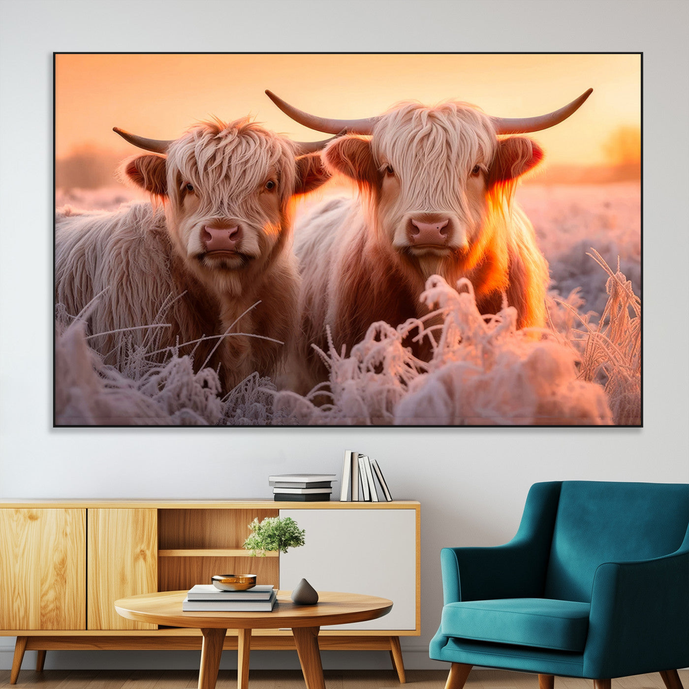 68253-SEG-FC-51X34_Oversize-Highland Cow Wall Art – Rustic Farmhouse Cattle Canvas Print, Frosty Sunset Animal Artwork for Living Room, Bedroom or Country