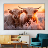 68253-SEG-FC-51X34_Oversize-Highland Cow Wall Art – Rustic Farmhouse Cattle Canvas Print, Frosty Sunset Animal Artwork for Living Room, Bedroom or Country