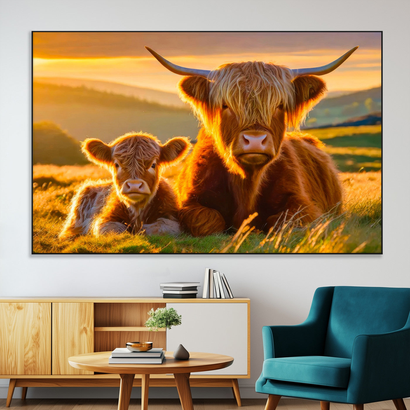 20567-MGV-CV-36X24-Highland Cow and Calf Wall Art – Rustic Farmhouse Sunset Cattle Canvas Print, Country Animal Artwork for Living Room, Bedroom, or