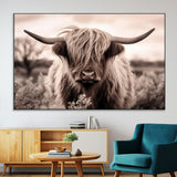 55903-MGV-CV-36X24-Highland Cow Wall Art – Rustic Sepia Scottish Highland Bull Canvas Print, Farmhouse Country Animal Decor for Living Room, Bedroom